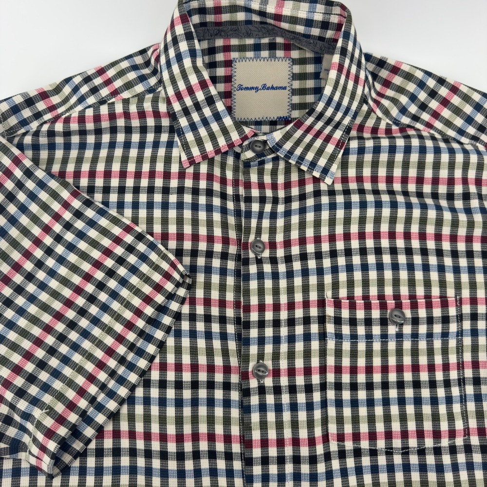 Tommy Bahama Mens Small 100% Silk Short Sleeve Plaid Button Down Shirt Multi
